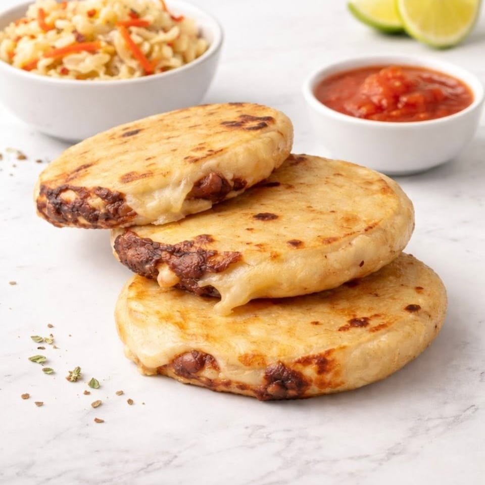 Stacked grilled cheese-filled arepas served with salsa, lime wedges, and a bowl of vegetable rice.