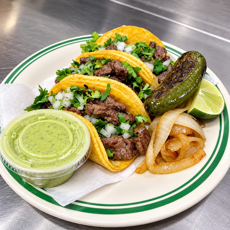Plate of grilled steak tacos topped with cilantro and onions, served with avocado salsa, grilled pepper, lime, and onions.