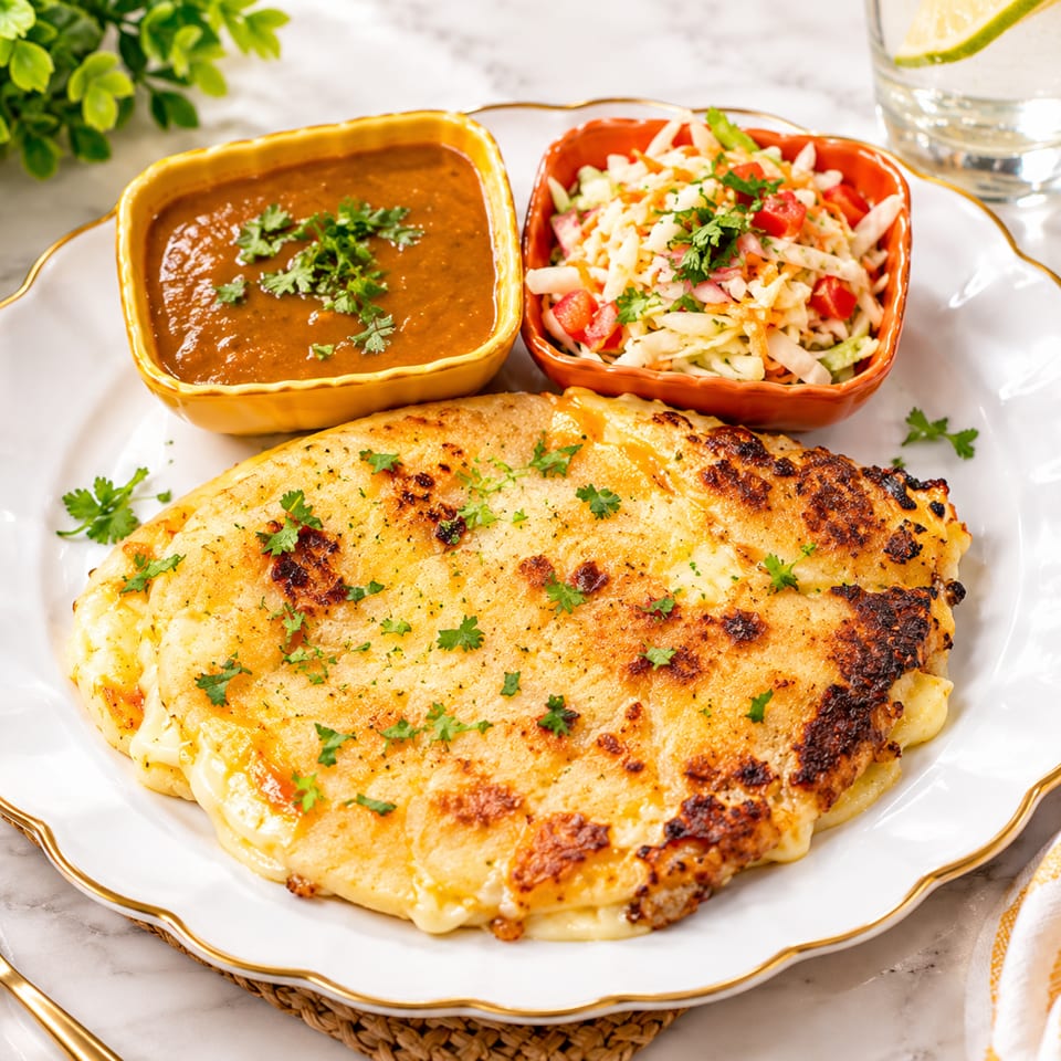 Golden stuffed flatbread garnished with cilantro, served with brown sauce and fresh vegetable salad on a white plate.