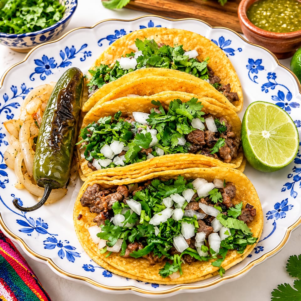 Three carne asada tacos topped with cilantro and diced onion, served with grilled chile, onions, lime, salsa, and fresh herbs.