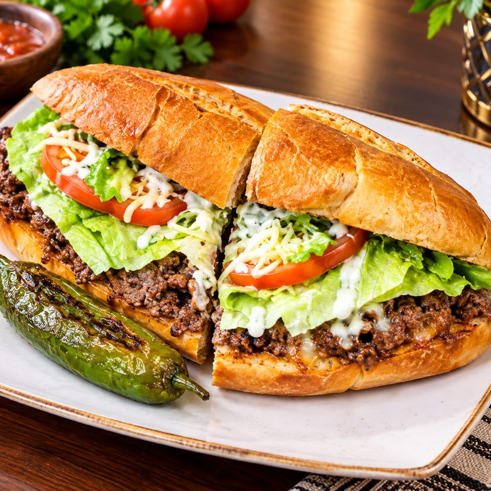 Two toasted meat-filled sandwiches with lettuce, tomatoes, cheese, and creamy sauce, served with a grilled pepper on a plate.