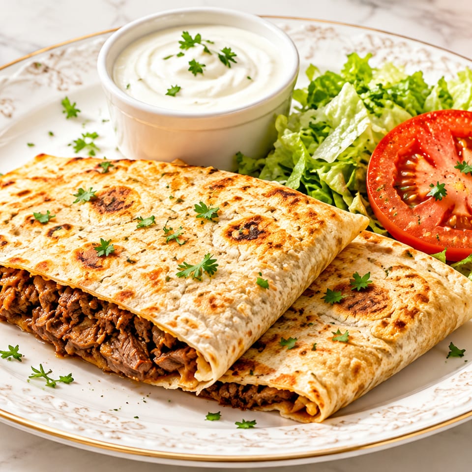 Two toasted beef-filled wraps served with lettuce, tomato, creamy sauce, and parsley on an ornate plate.